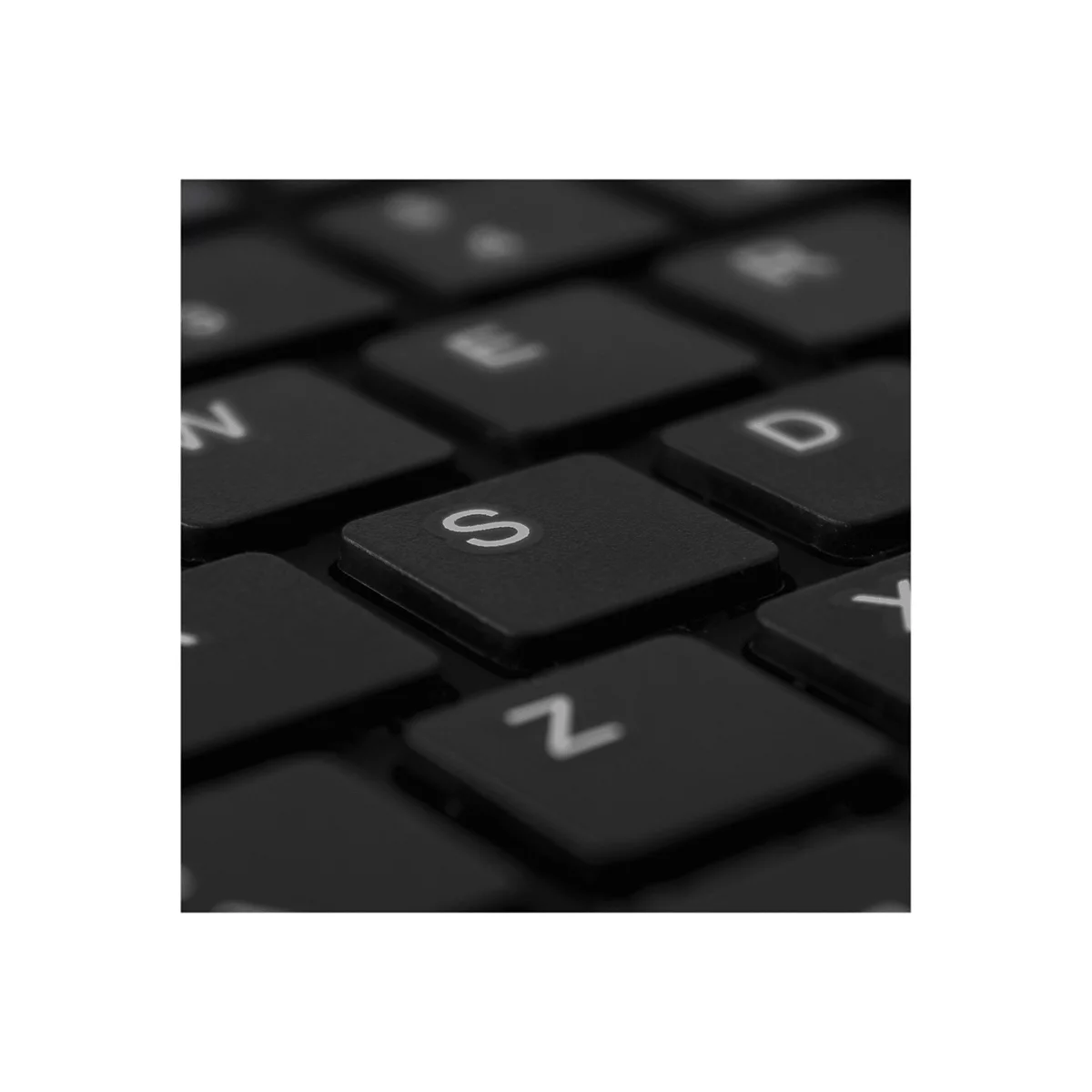 Nahaufnahme einer Tastatur. Der Fokus liegt auf der Taste mit dem Buchstaben "S" in Weiß.