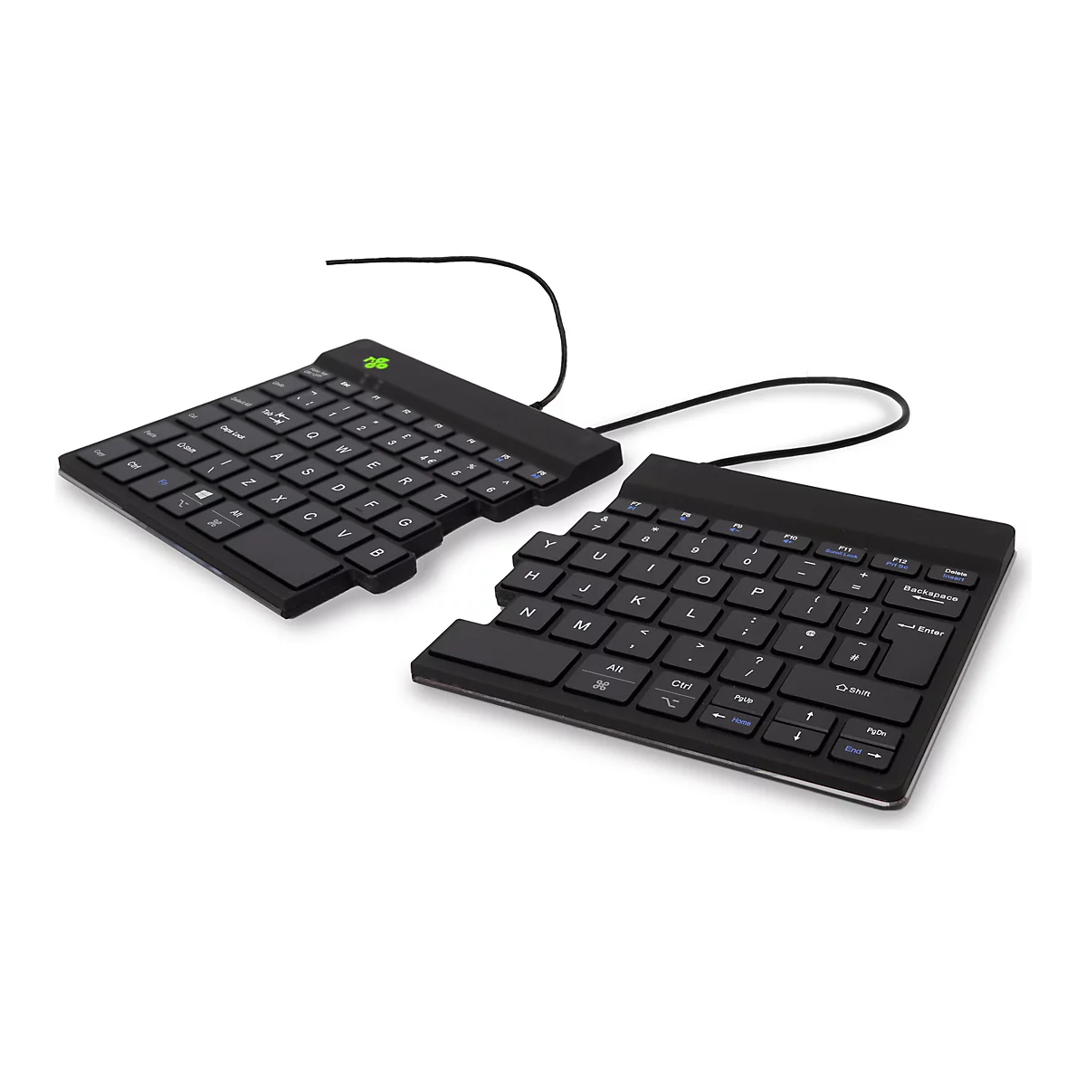 Zweiteilige, schwarze ergonomische Tastatur, durch ein Kabel verbunden. Die Tasten sind beschriftet, mit Buchstaben, Zahlen und Sonderzeichen.
