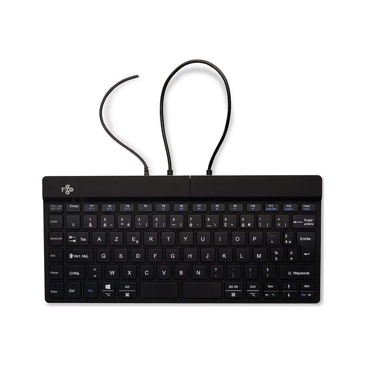 Schwarze Tastatur mit weißen Buchstaben und Kabel. Oben links das Logo des Herstellers.