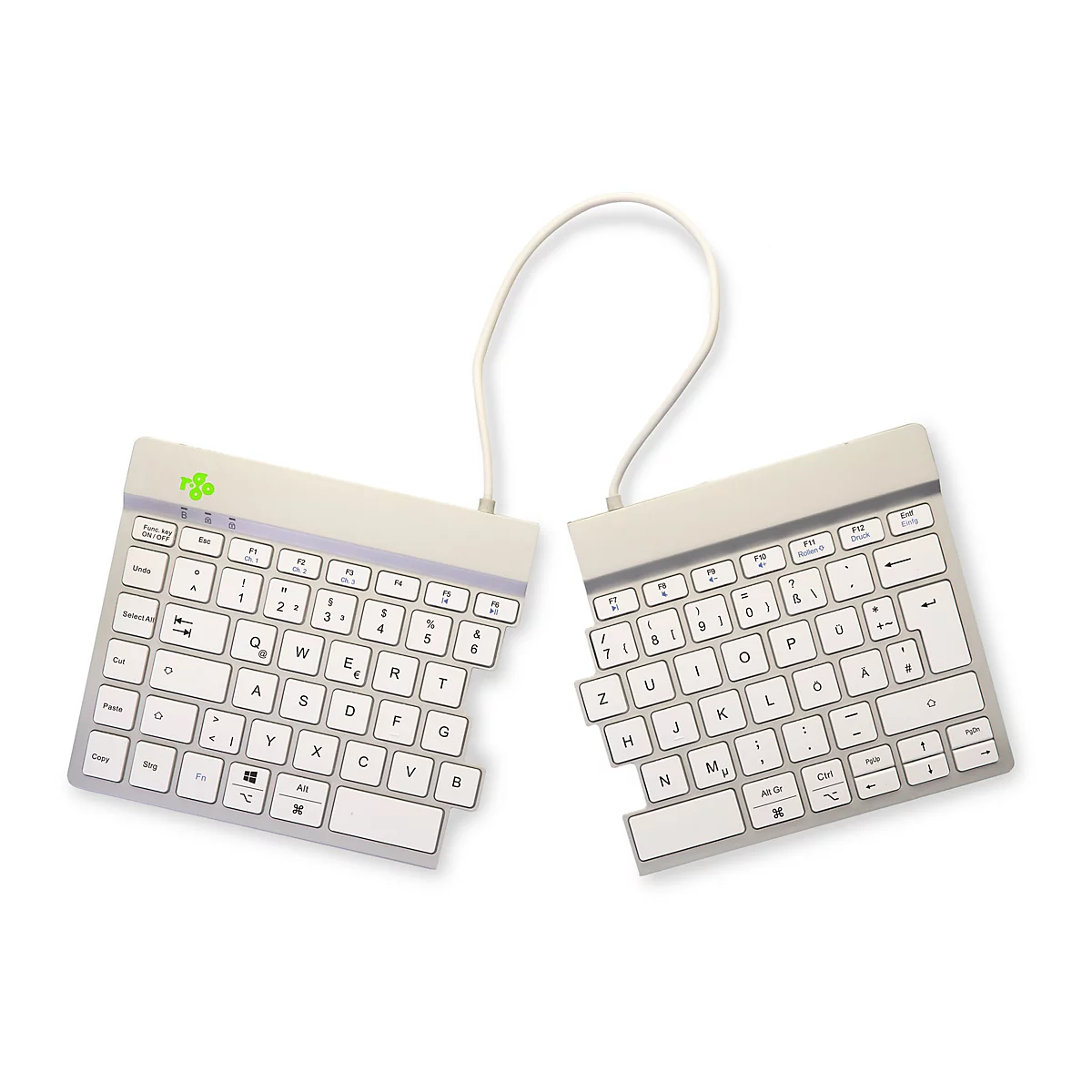 Geteiltes, hellgraues Keyboard auf weißem Hintergrund. Die beiden Hälften sind durch ein Kabel verbunden.