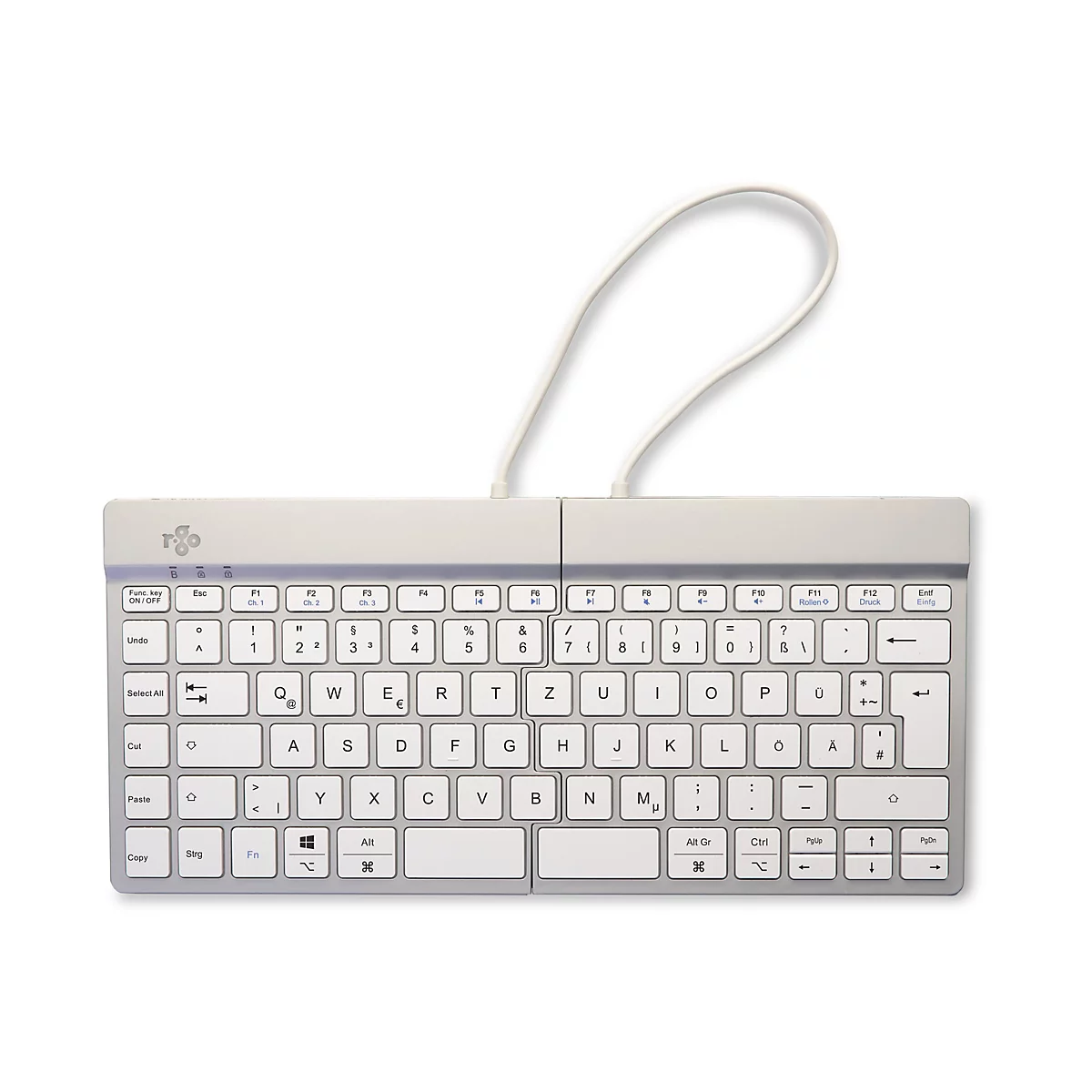 Hellgraue, faltbare Tastatur mit weißem Kabel. Tastenbeschriftungen in Schwarz. Oben links das Logo "r.go".