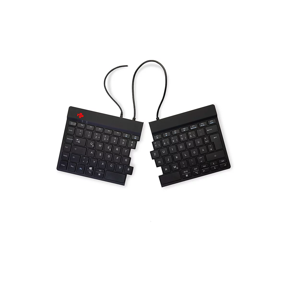 Geteilte, schwarze ergonomische Tastatur auf weißem Hintergrund mit rotem Logo.