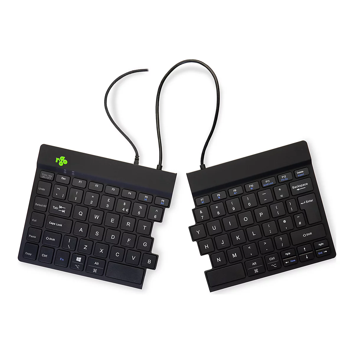 Schwarze, geteilte ergonomische Tastatur auf weißem Grund. Die Tastaturhälften sind durch Kabel verbunden.