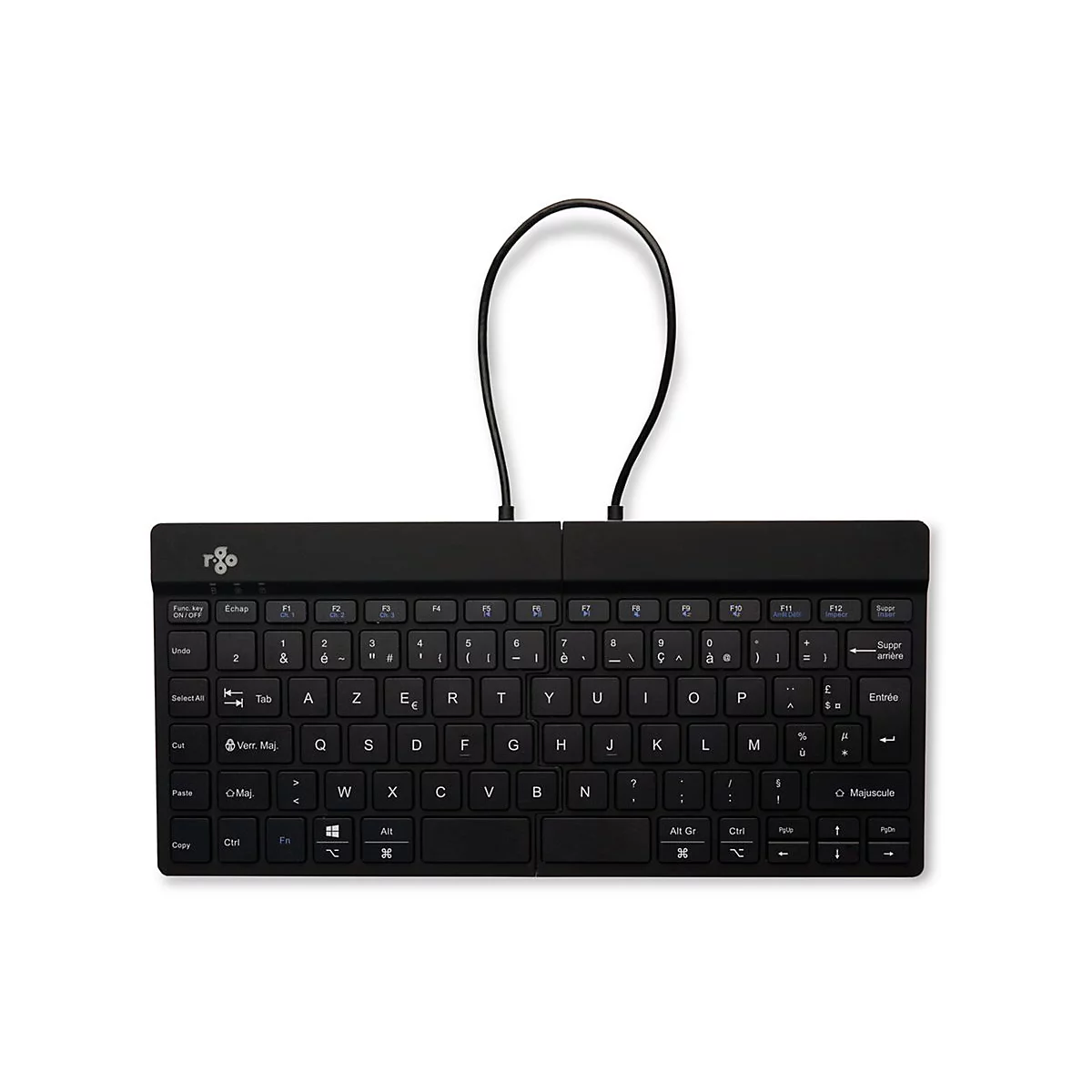 Schwarze, kompakte AZERTY-Tastatur mit Kabelanschluss von oben und R-Go Logo links.
