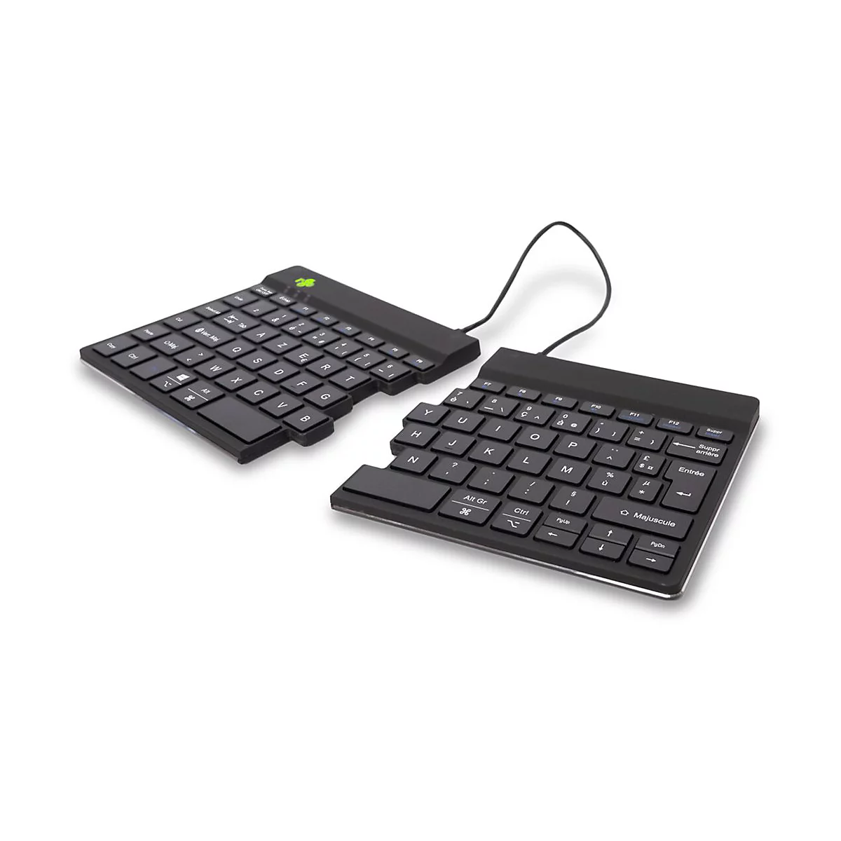 Geteilte, schwarze ergonomische Tastatur mit AZERTY-Layout auf weißem Hintergrund.