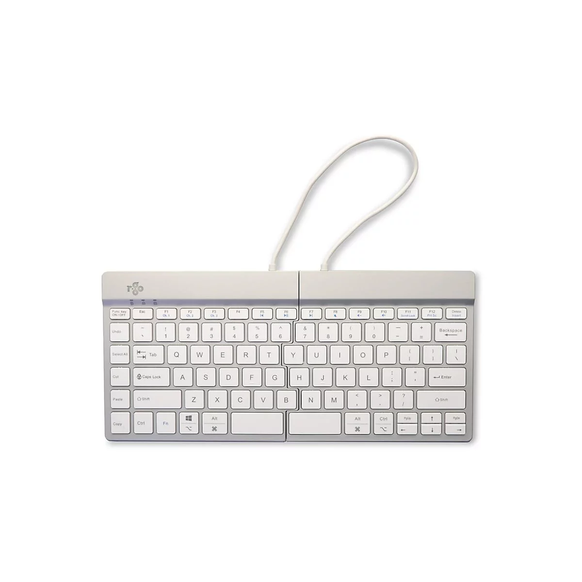 Eine silberne, klappbare Tastatur mit weißem Kabel vor weißem Hintergrund.