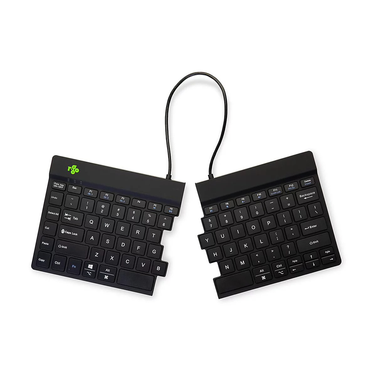 Geteilte, schwarze ergonomische Tastatur mit grünem Logo auf weißem Hintergrund.