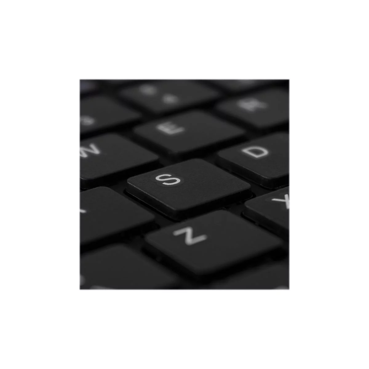 Nahaufnahme einer schwarzen Tastatur. Im Fokus liegt die S-Taste.