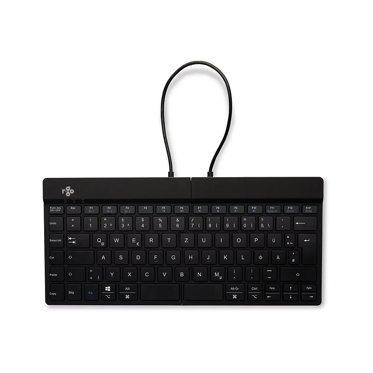 Schwarze, faltbare Tastatur mit schwarzem Kabel. Buchstaben, Sonderzeichen und Funktionstasten sind deutlich erkennbar.
