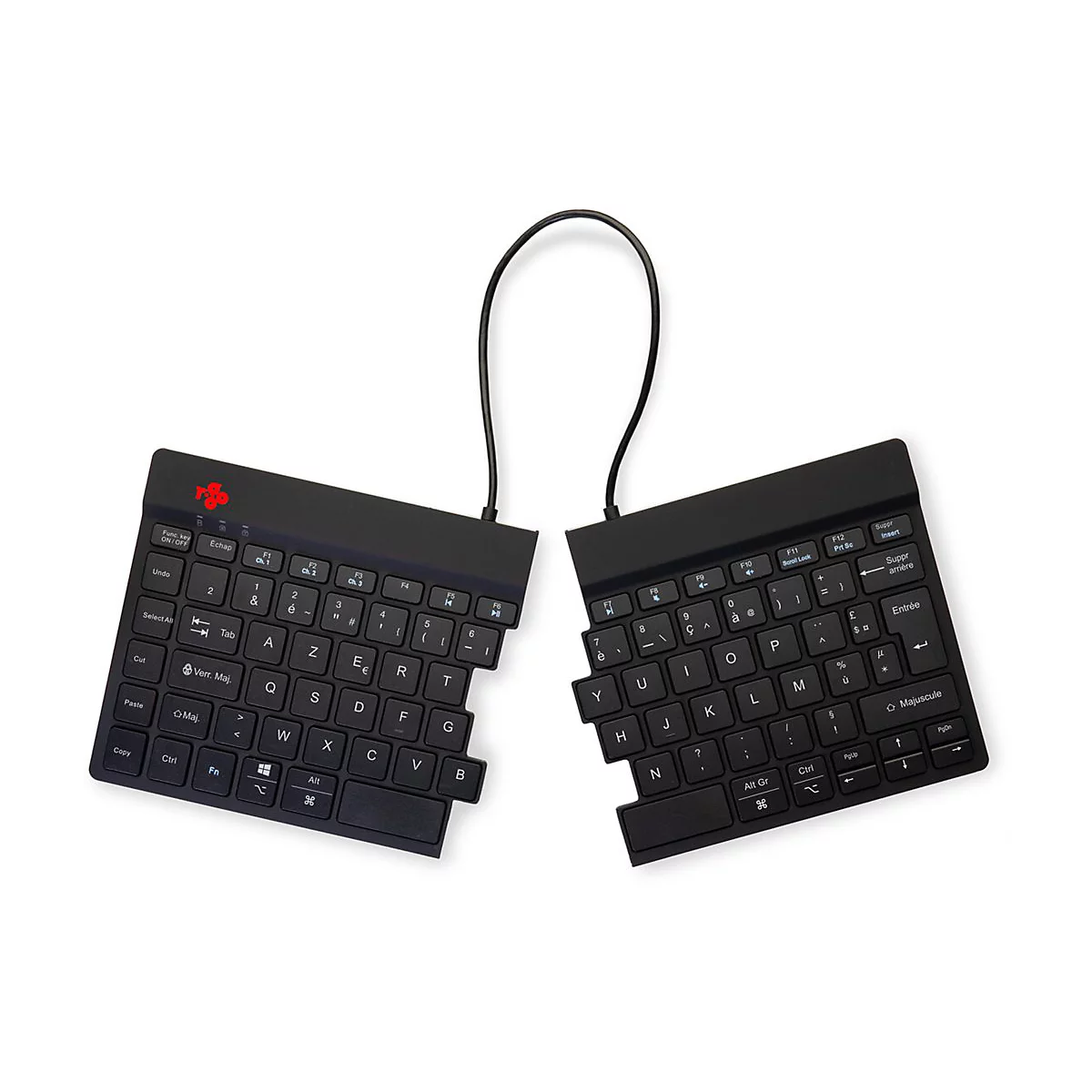 Geteilte, schwarze ergonomische Tastatur mit AZERTY-Layout auf weißem Hintergrund.
