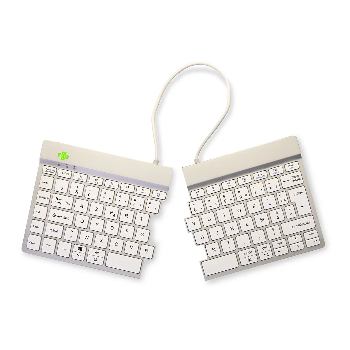 Geteilte ergonomische Tastatur, hellgrau, auf weißem Hintergrund. Die Tasten sind weiß mit schwarzer Beschriftung, einige Funktionen sind in grün. Ein Kabel verbindet die beiden Hälften.