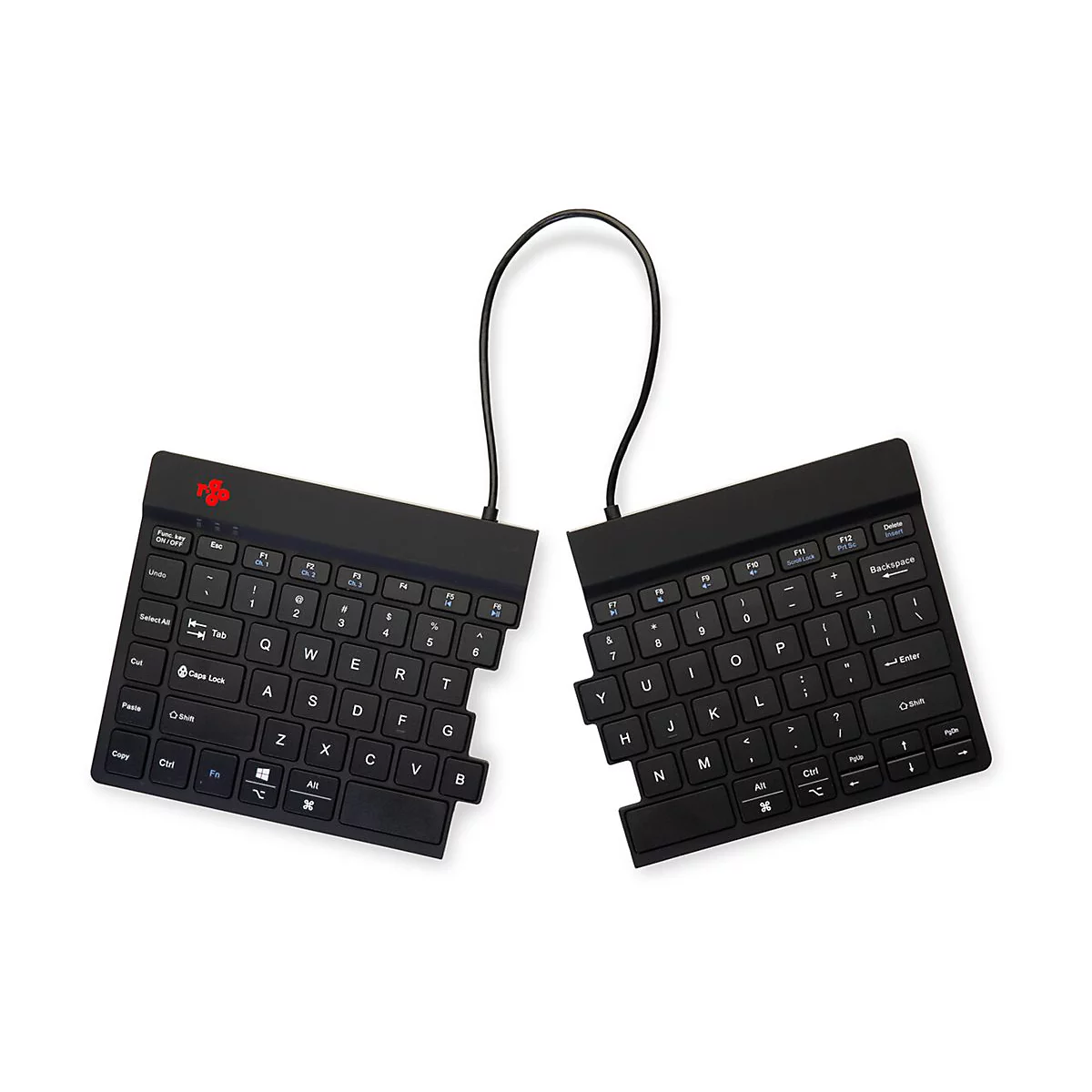 Geteilte schwarze ergonomische Tastatur mit zwei Einheiten, verbunden durch ein Kabel, vor weißem Hintergrund.