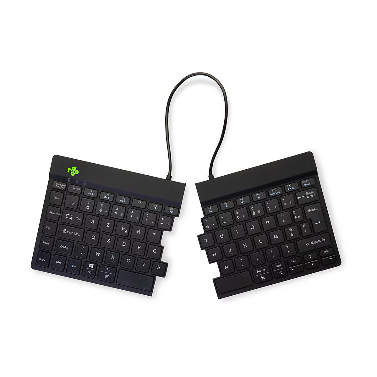 Geteilte schwarze ergonomische R-Go Tastatur mit französischem AZERTY-Layout auf weißem Hintergrund.