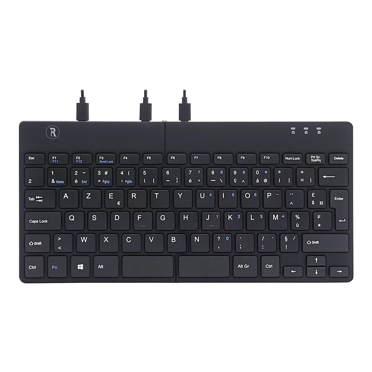Schwarze, faltbare Tastatur mit Tastenbeschriftung, USB-Anschlüssen.