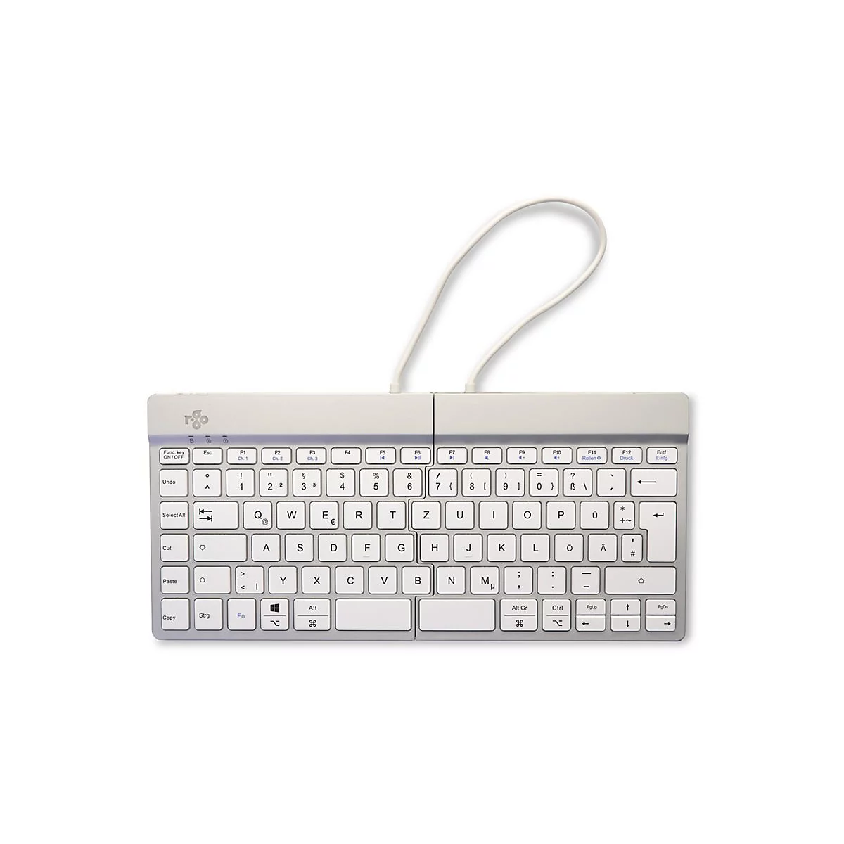 Weiße, kompakte, teilbare Tastatur mit deutschem Layout und weißem Kabel auf hellem Hintergrund.