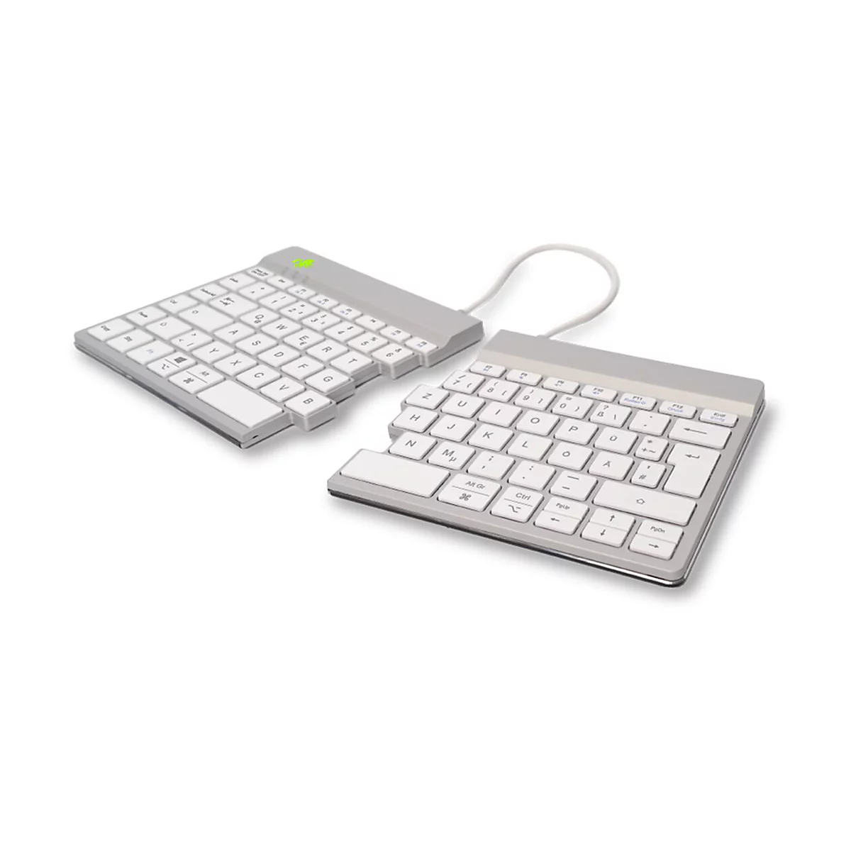 Geteilte, ergonomische Computertastatur in Silber und Weiß auf weißem Hintergrund.