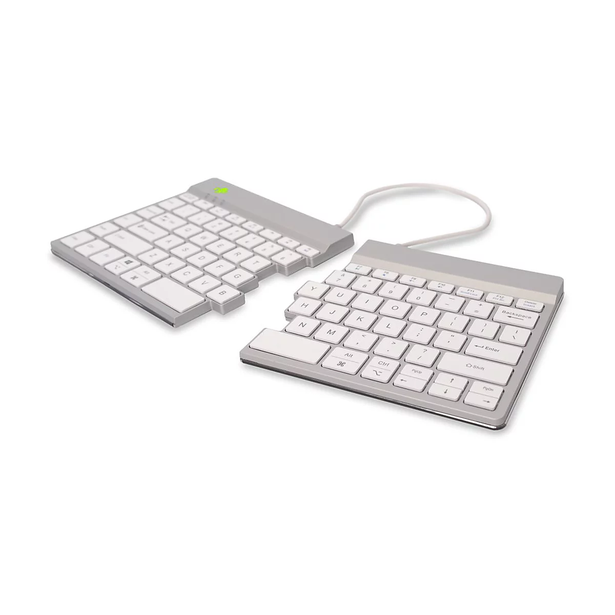 Geteilte, ergonomische Tastatur in Weiß und Silber auf weißem Hintergrund.