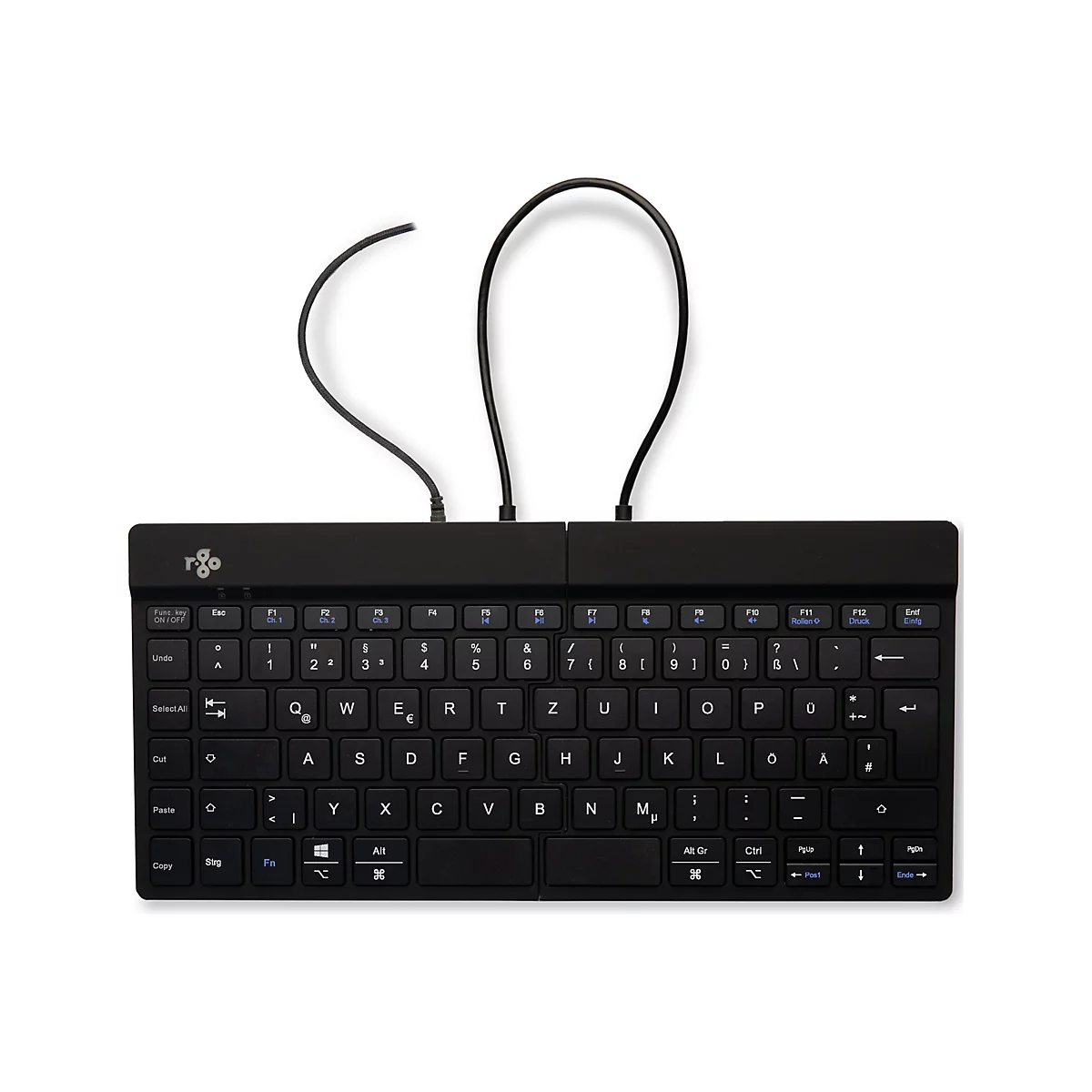 Schwarze, geteilte Tastatur mit Kabeln. Tastenbeschriftungen in Weiß, mit Buchstaben und Sonderzeichen.