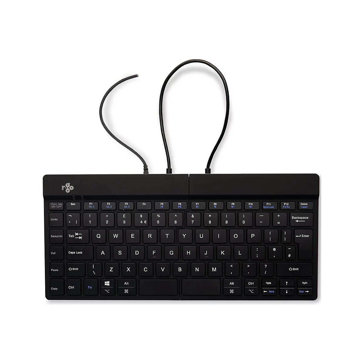 Schwarze Tastatur mit Kabel, Tastenbeschriftung in Weiß, Kabelbogen nach oben.