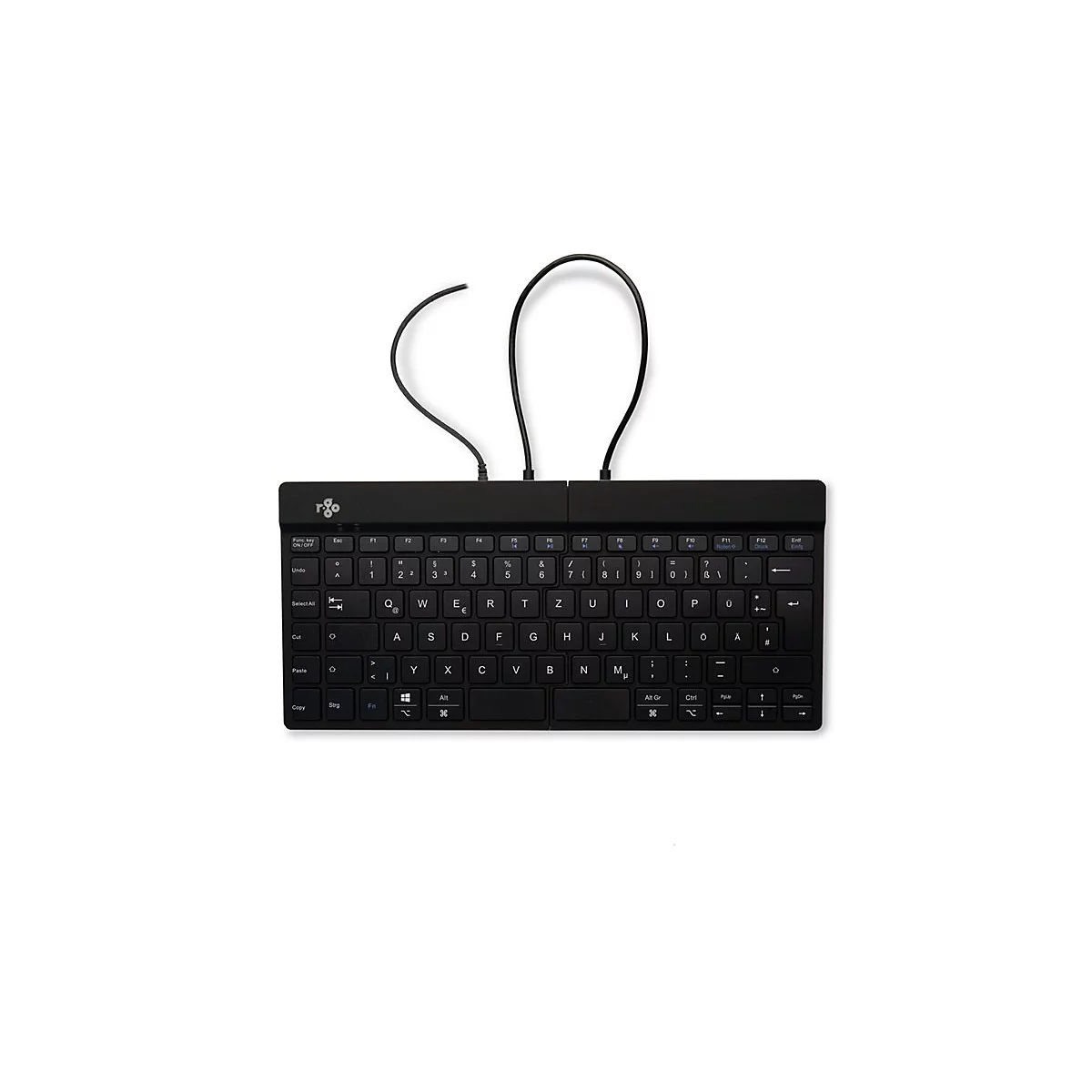 Schwarze, geteilte Ergonomie-Tastatur mit Kabelanschluss vor weißem Hintergrund.