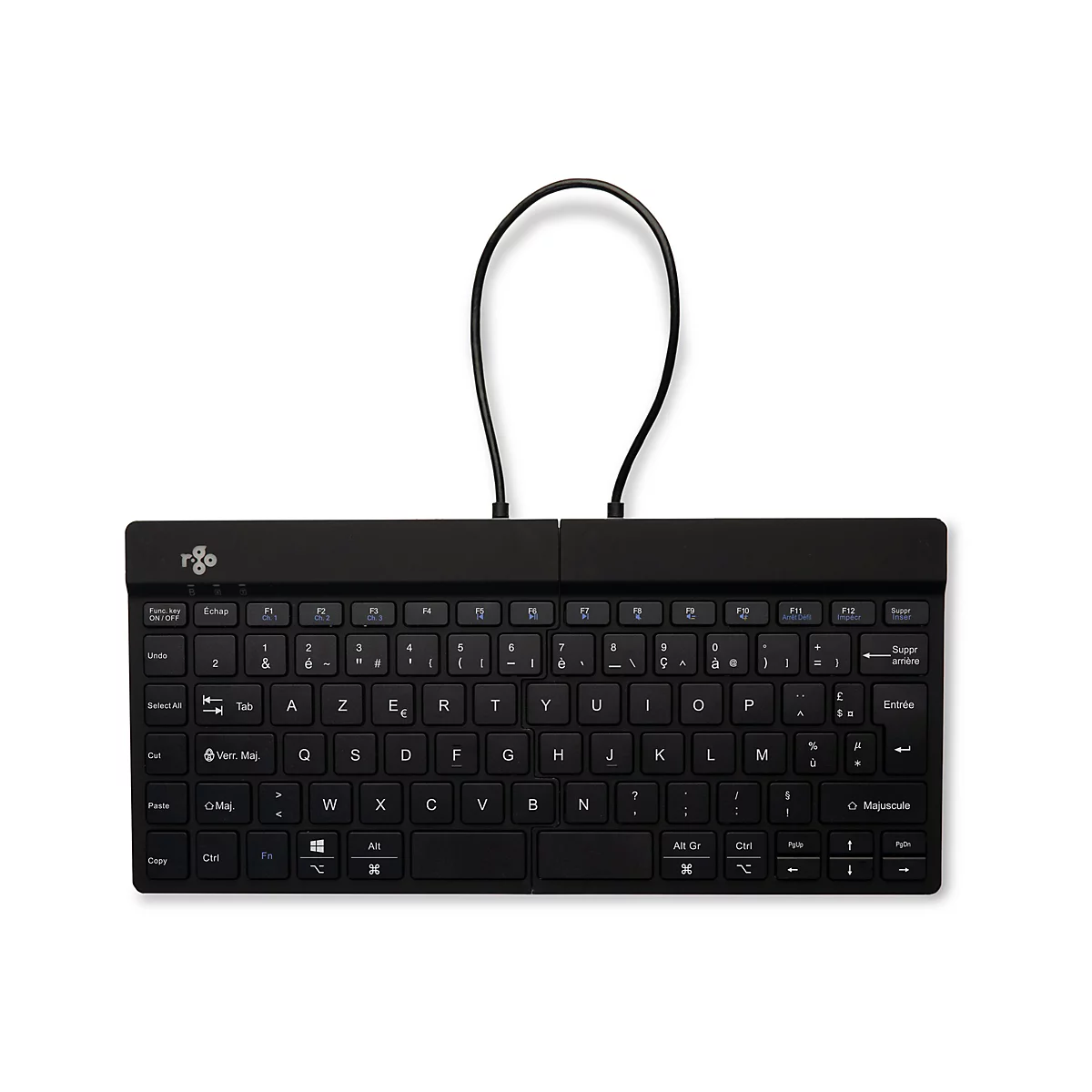 Schwarze, faltbare Bluetooth-Tastatur mit Kabel. Die Tasten sind mit Buchstaben und Sonderzeichen beschriftet.