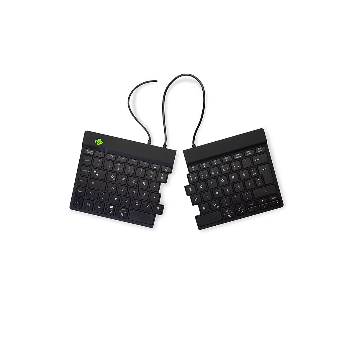 Geteilte schwarze ergonomische Tastatur mit zwei Modulen und grünen R-Go Logo auf weißem Hintergrund.