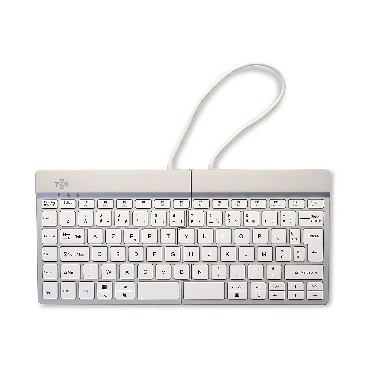 Hellgraue geteilte Tastatur mit weißem Kabel, Tastenbeschriftungen in Schwarz, Logo oben links.