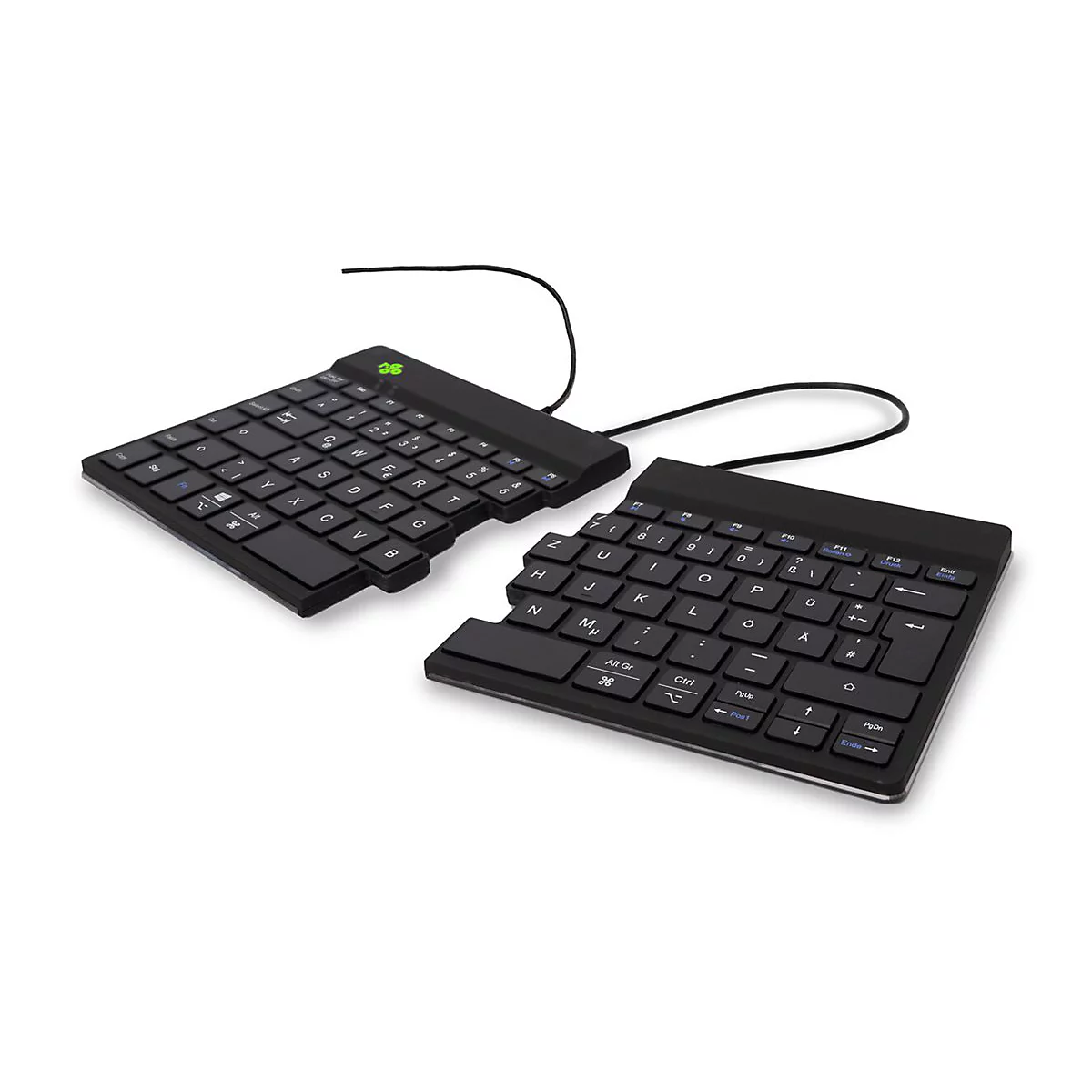 Geteilte, schwarze ergonomische Tastatur vor weißem Hintergrund.