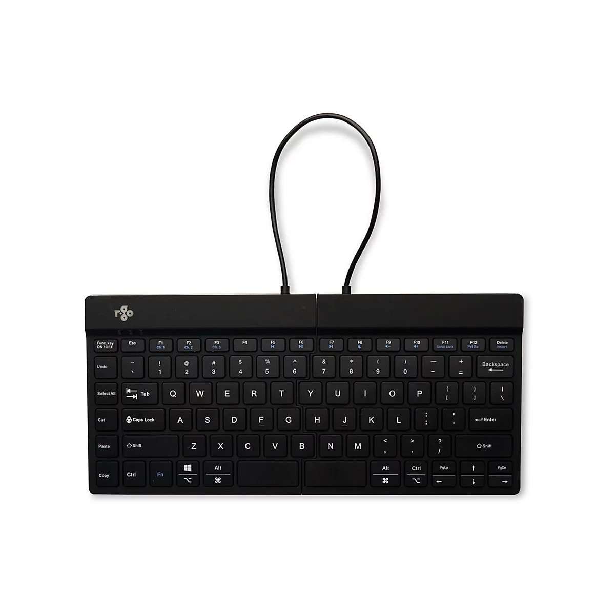 Schwarze, kompakte R-Go Tools Tastatur mit Kabel vor weißem Hintergrund.