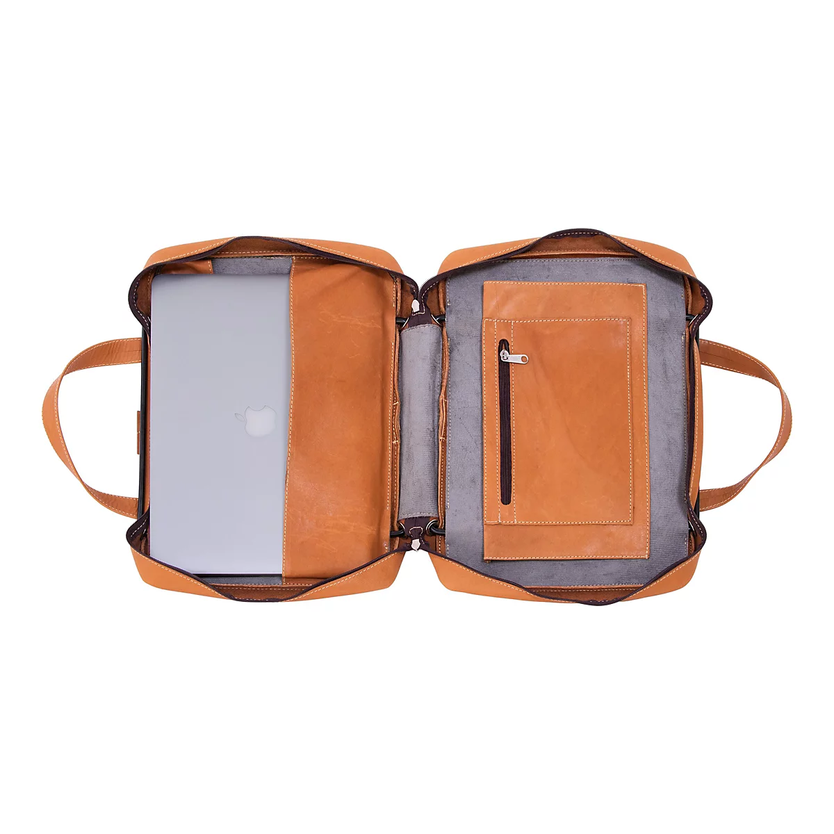 Sac en cuir marron ouvert avec ordinateur portable et poche zippée.
