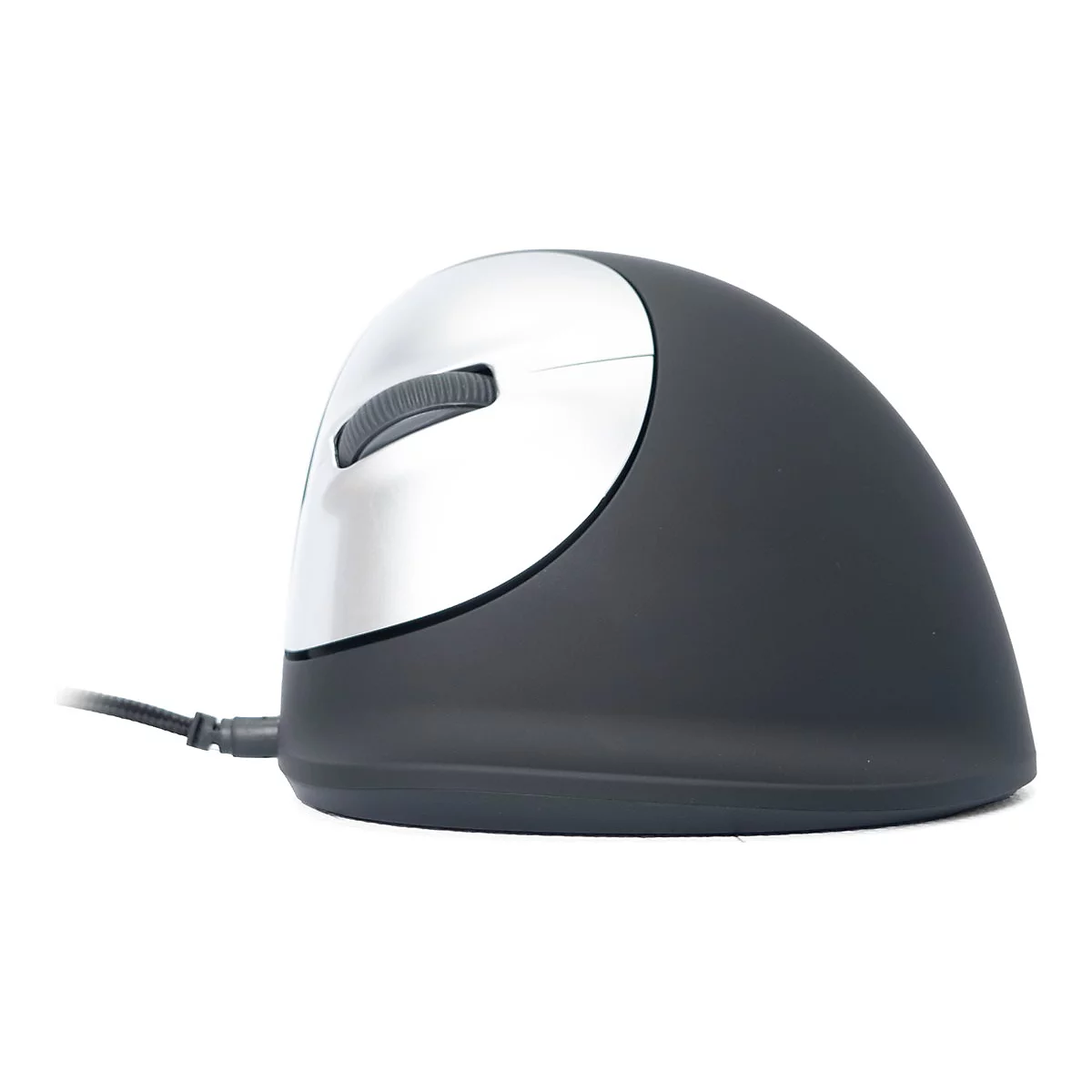 Souris ergonomique noire et argentée, connexion par câble.