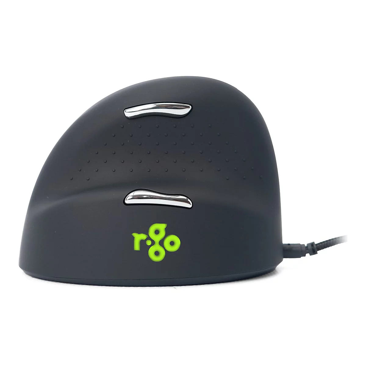 Une souris verticale ergonomique noire, avec des boutons argentés, le logo "r-go" en vert et un câble.