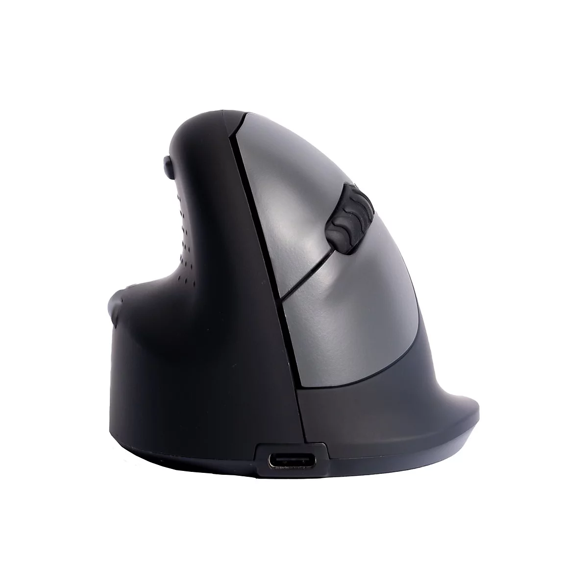 Souris verticale ergonomique en noir et gris, isolée sur fond blanc.