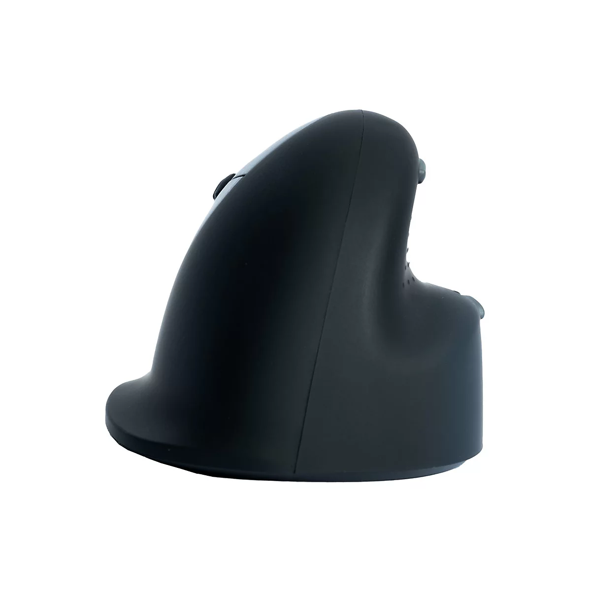 Souris verticale ergonomique noire en profil, isolée sur fond blanc.