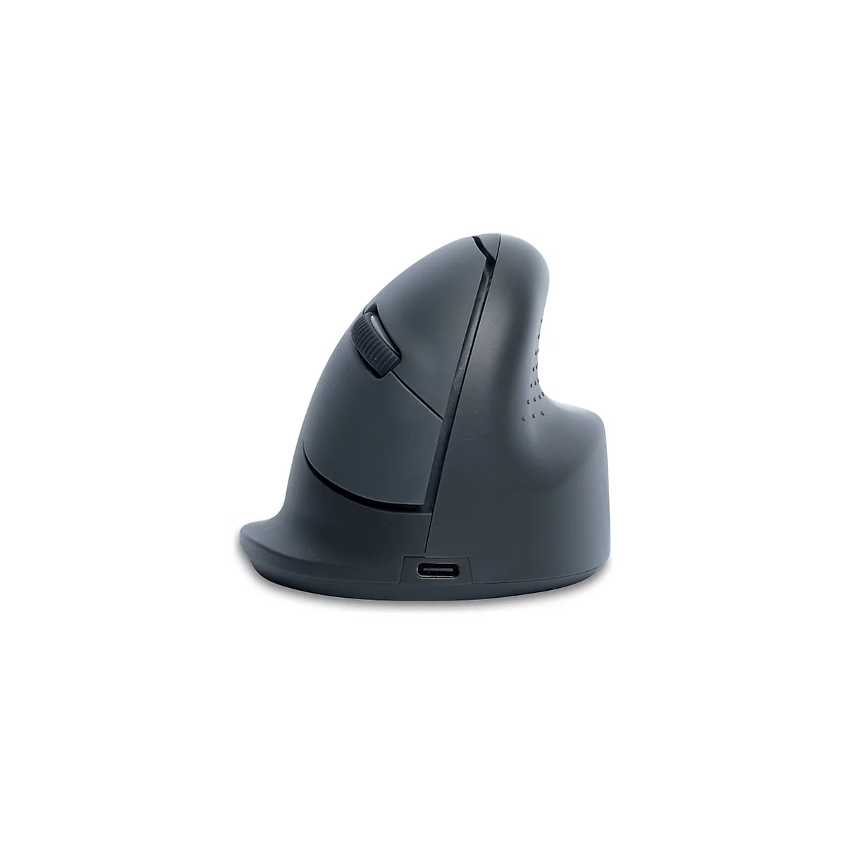 Souris ergonomique grise, vue latérale. Avec molette de défilement, port USB.