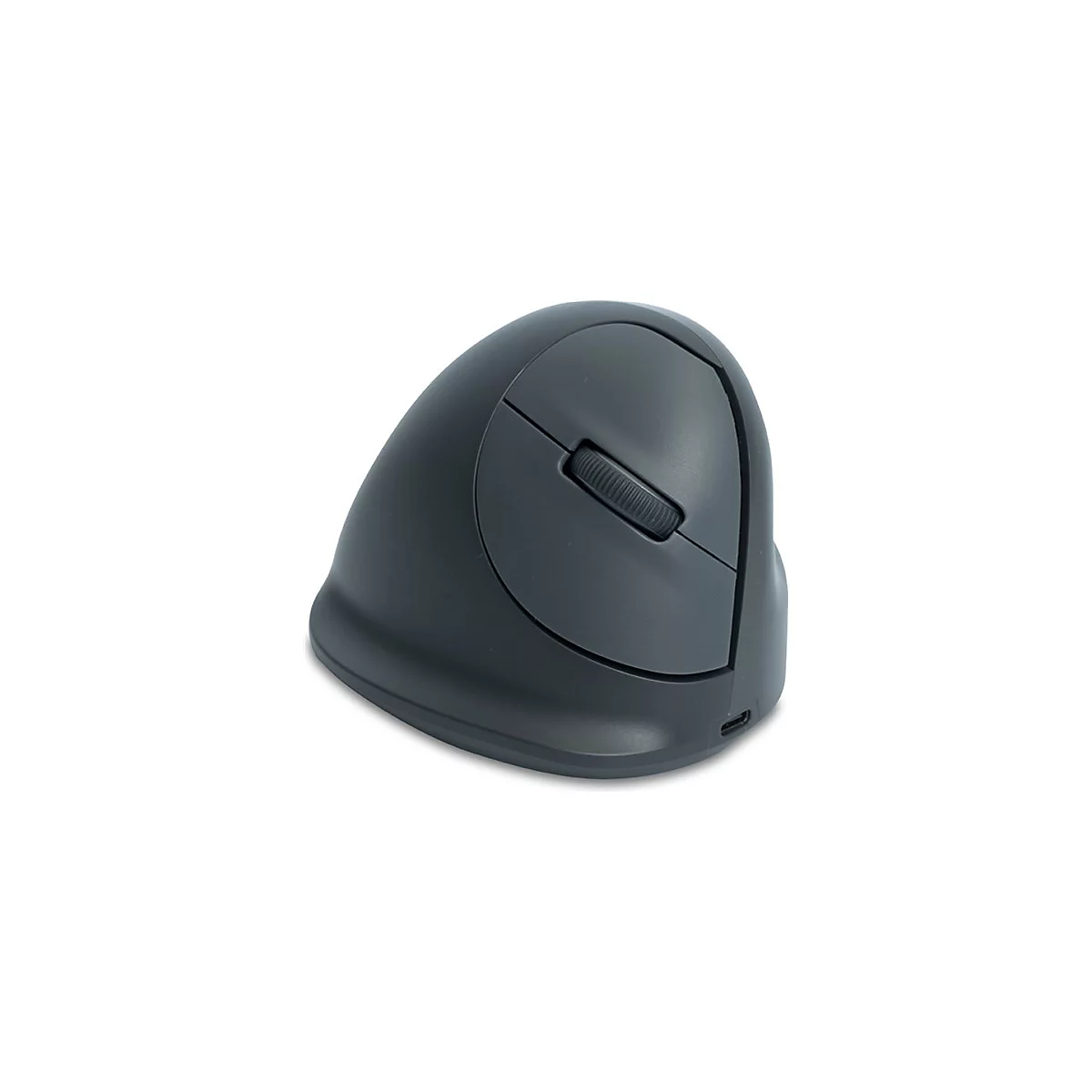 Souris verticale ergonomique grise. Elle possède une molette de défilement et un port USB-C.