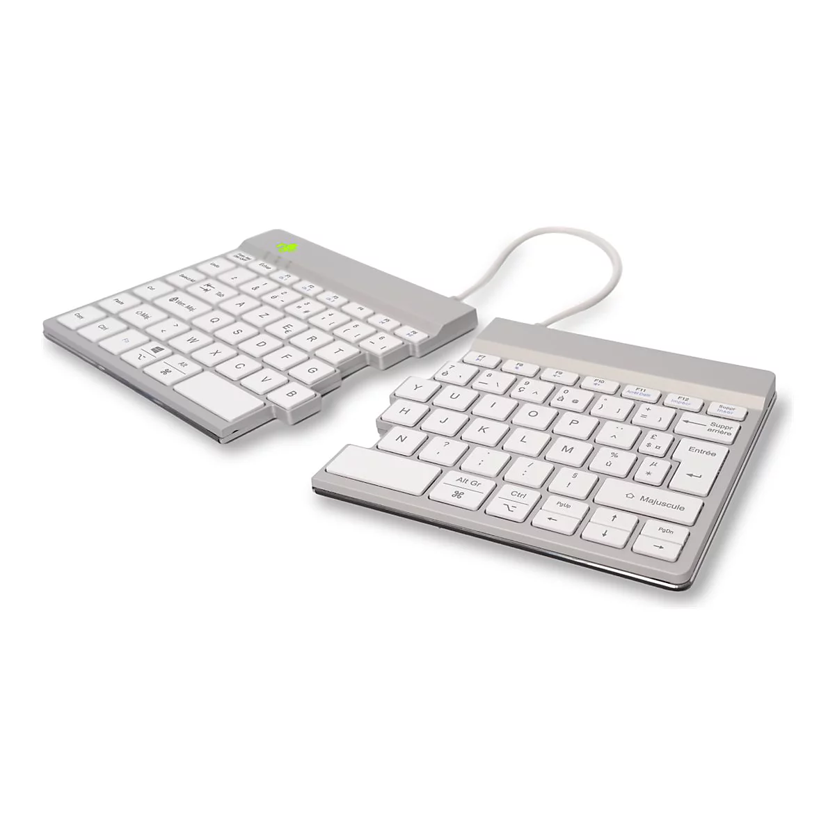 Clavier divisé, gris clair avec touches blanches. Les deux parties sont reliées par un câble. L'agencement est ergonomique.