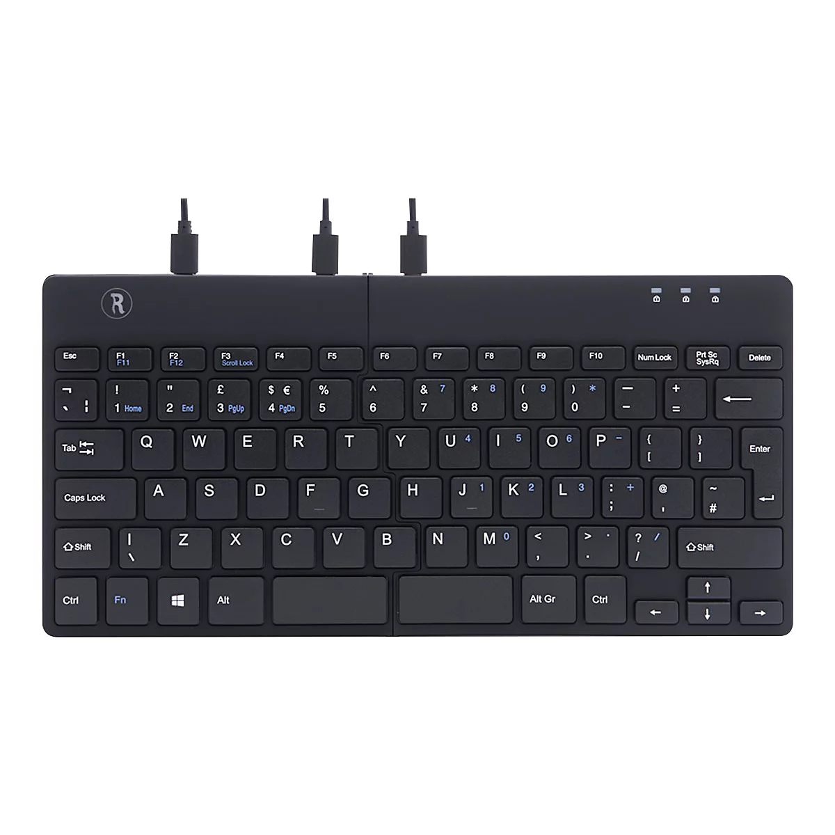 Schwarze, faltbare Tastatur mit USB-Anschlüssen. Tasten mit Beschriftungen.