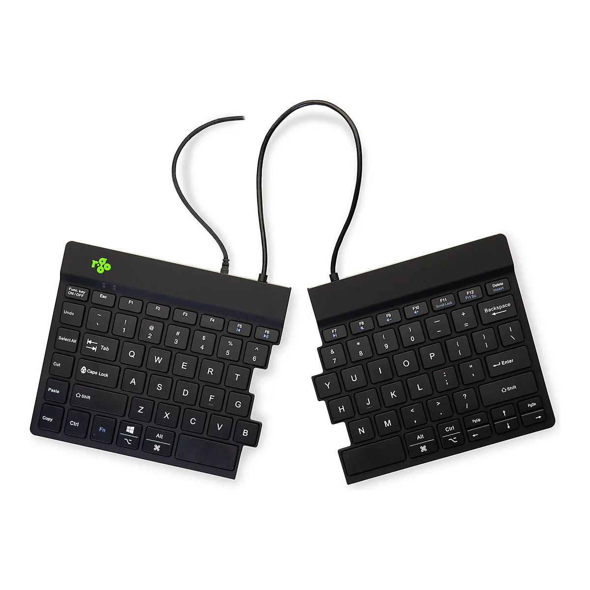 Schwarze, geteilte Tastatur mit Kabelanschluss. Die Buchstaben und Symbole sind in Weiß gehalten. Das Logo ist grün.