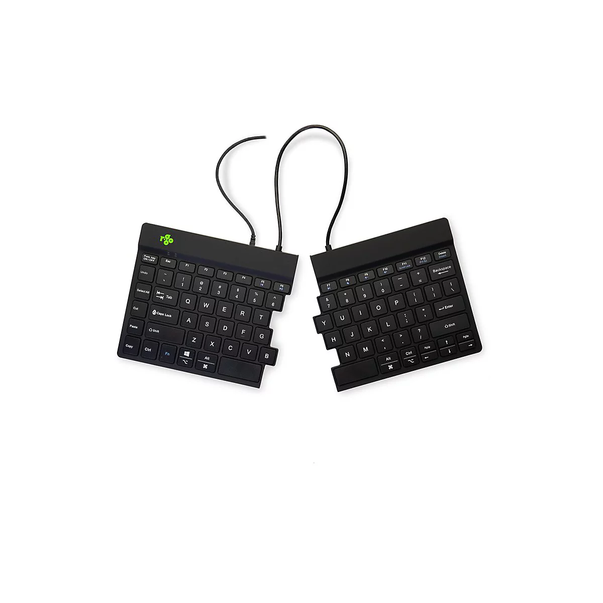 Geteilte, ergonomische schwarze Tastatur mit R-Go Tools Logo auf weißem Hintergrund.