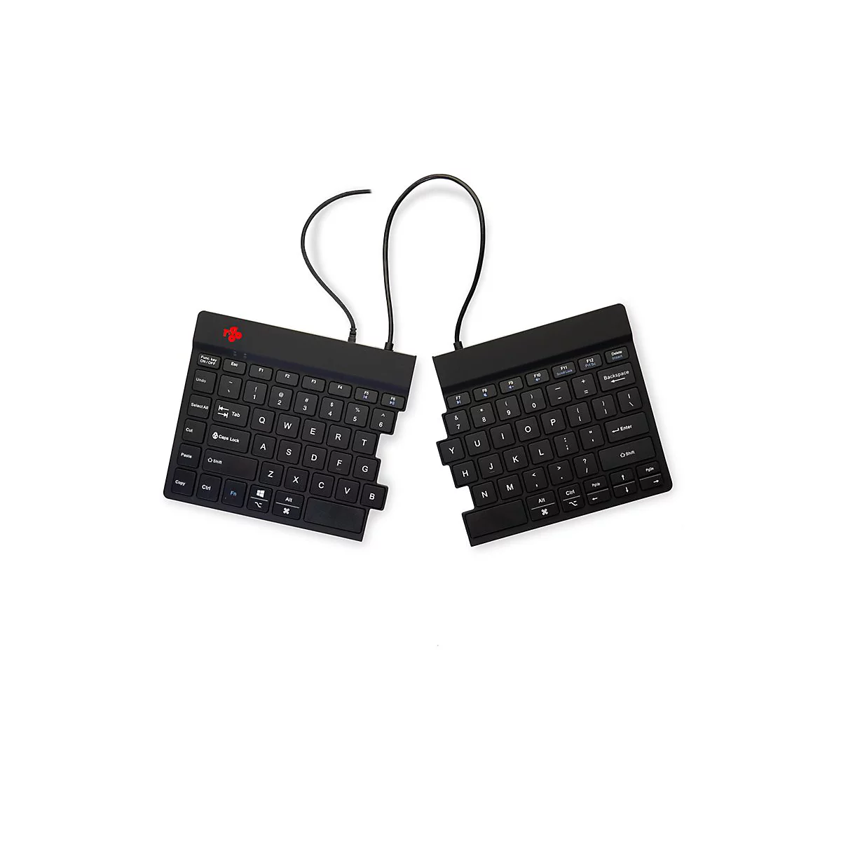 Geteilte schwarze Tastatur mit rotem Logo auf weißem Hintergrund.