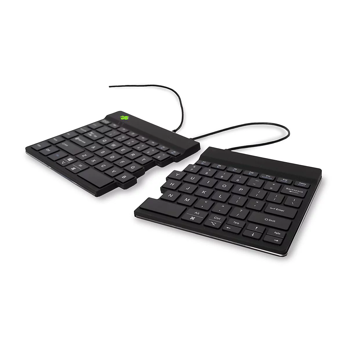 Geteilte, schwarze ergonomische Tastatur auf weißem Hintergrund.