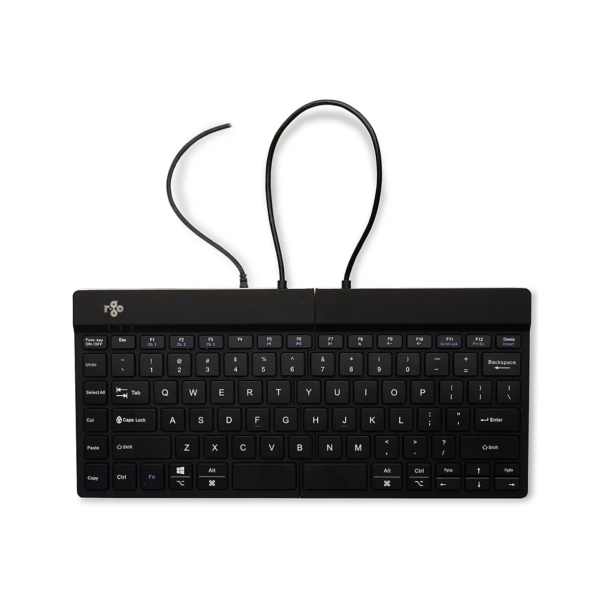 Schwarze, faltbare Tastatur mit Kabeln auf weißem Hintergrund.