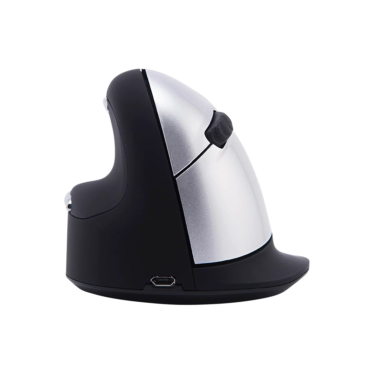 Ergonomische Maus, schwarz und silber, vertikal. Mit USB-Anschluss und Scrollrad.