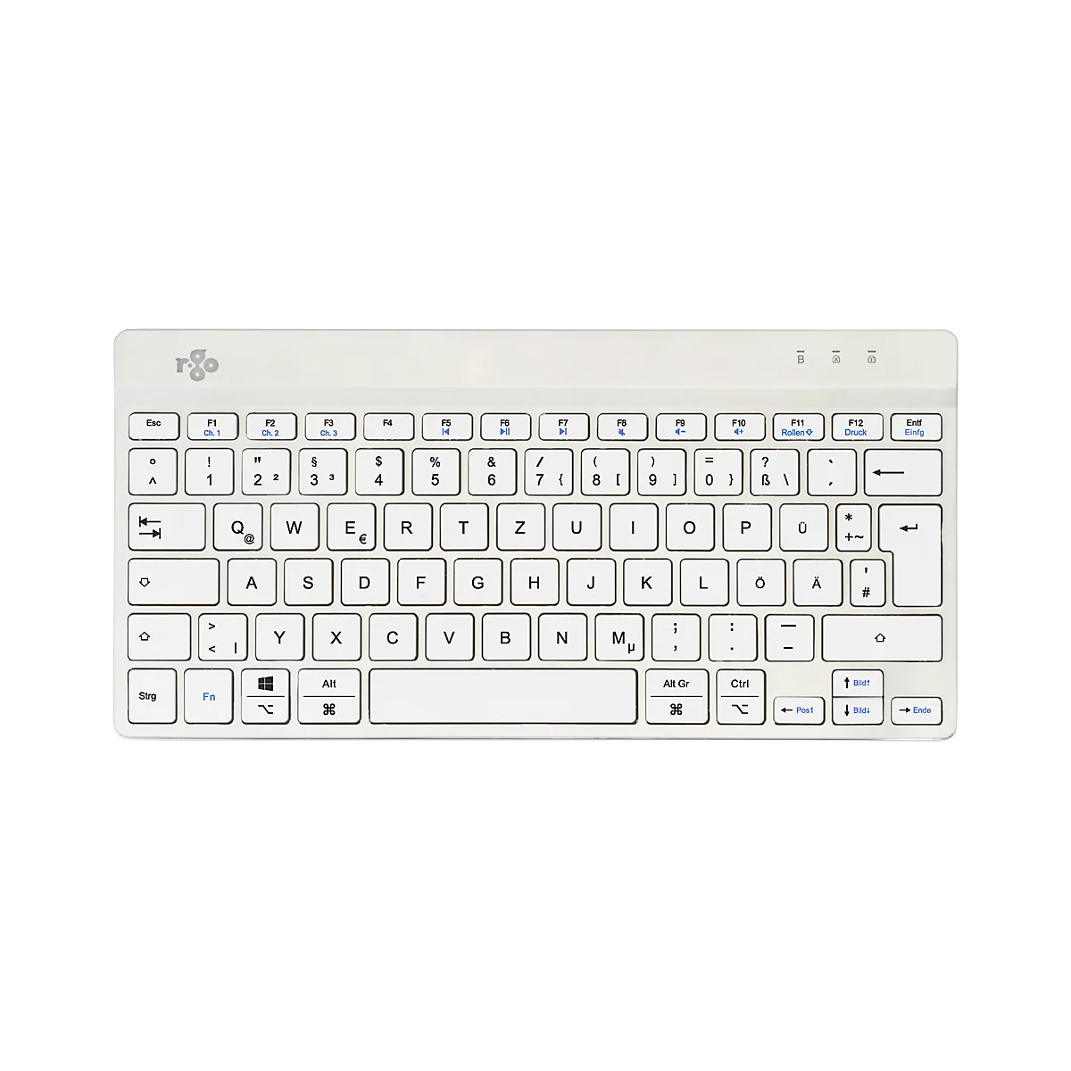 Hellgraue Tastatur mit schwarzen Tastenbeschriftungen. Buchstaben, Zahlen und Sonderzeichen sind deutlich erkennbar.