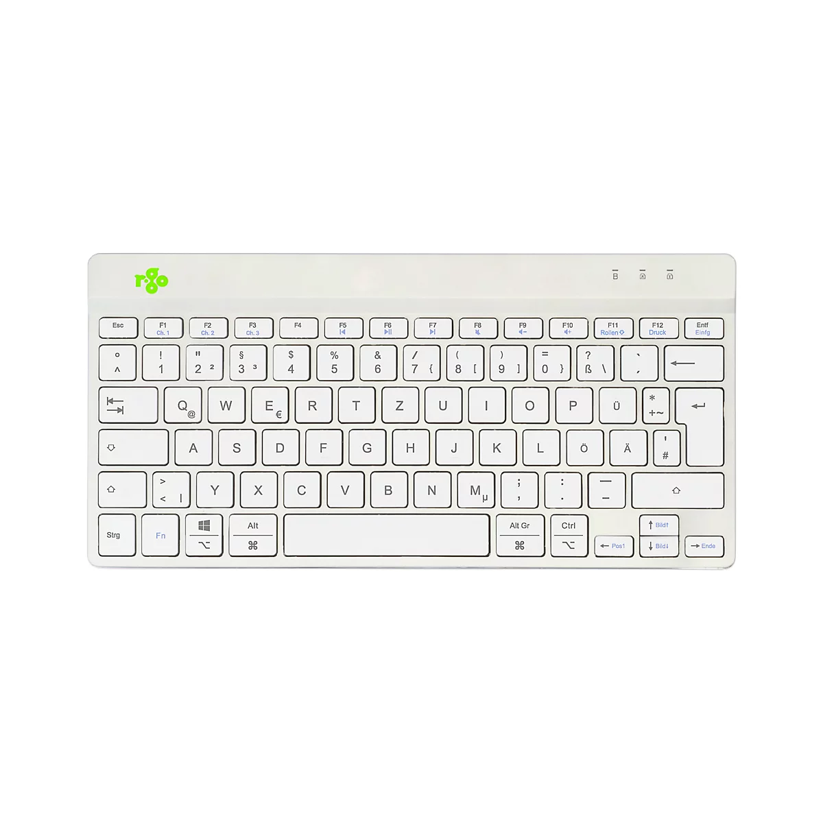 Hellgraue kabellose Tastatur mit weißen Tasten und deutscher Tastaturbelegung.