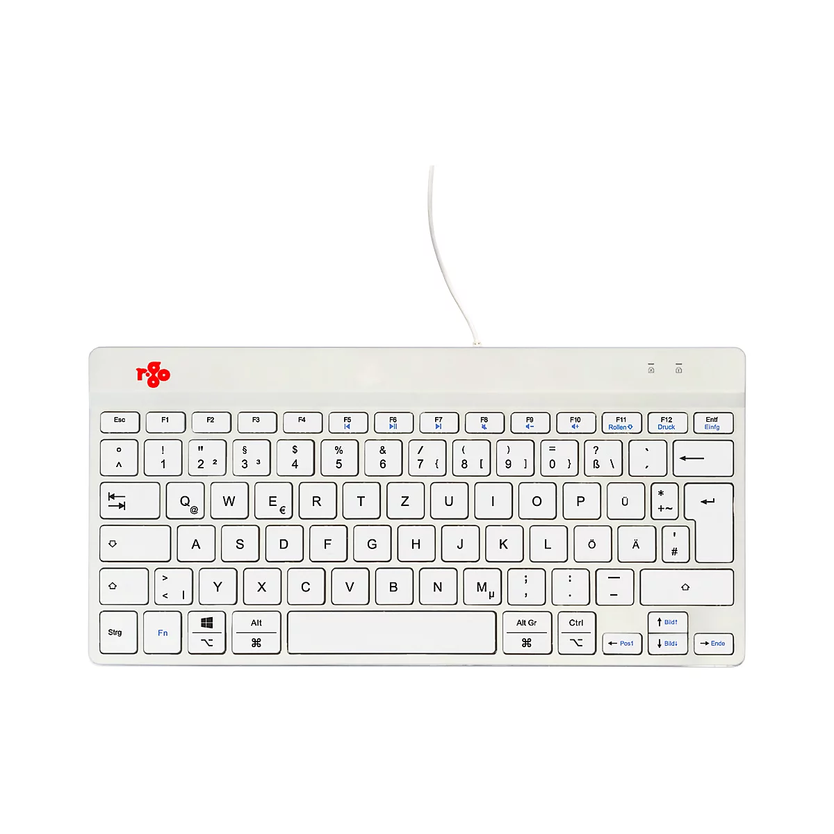 Hellgraue Tastatur mit weißen Tasten und Buchstaben, Kabelanschluss. Rechts oben befinden sich Kontrollleuchten, links oben das Logo.