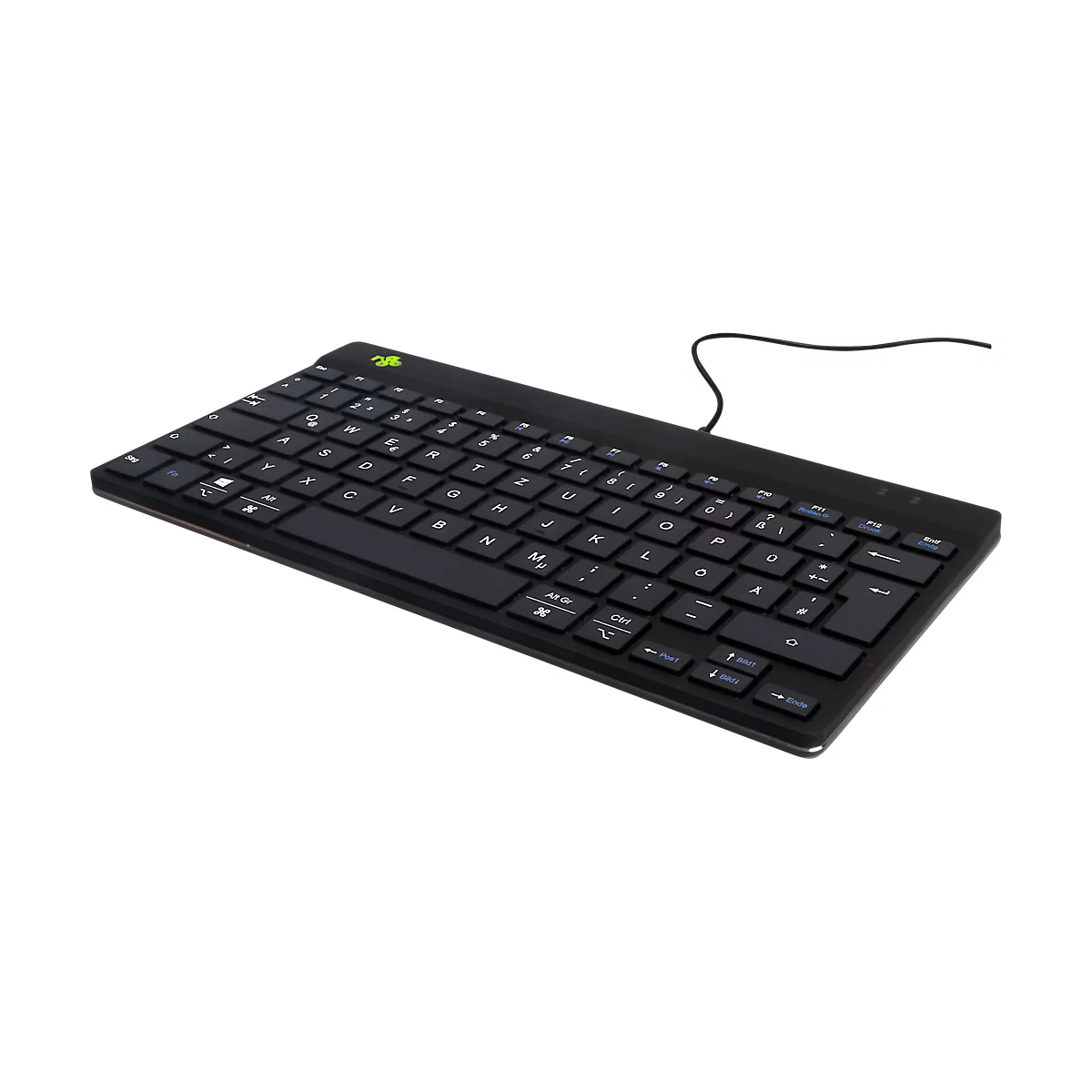 Schwarze Tastatur mit weißen Buchstaben. Rechts oben ein grünes Logo, ein Kabel führt weg.