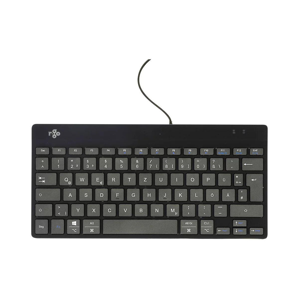 Schwarze, kompakte Tastatur mit grauen Tasten. Das Kabel ist oben mittig angebracht.