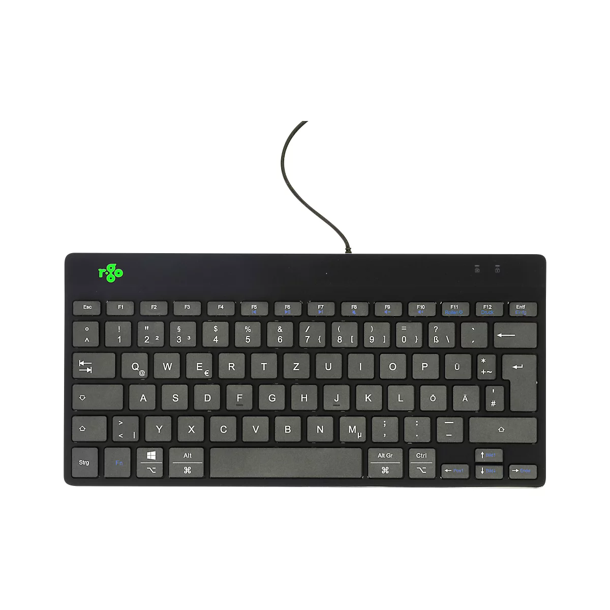 Schwarze Tastatur mit grauen Tasten, Kabelanschluss, grüne Logo-Marke links.